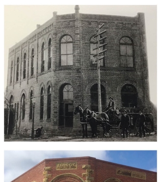 Side by side photo of the USI-Oklahoma building--one from when it was built in 1906, and one from 2023.